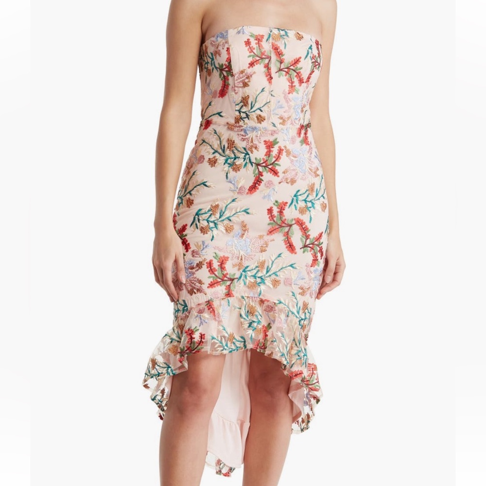 Sam Edelman Strapless High-Low Floral Dress in Blush, Red & Teal